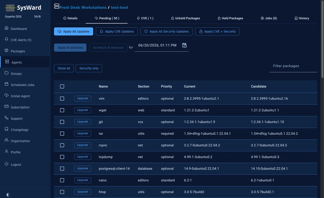 SysWard pending package updates for a host with current and candidate versions and apply controls