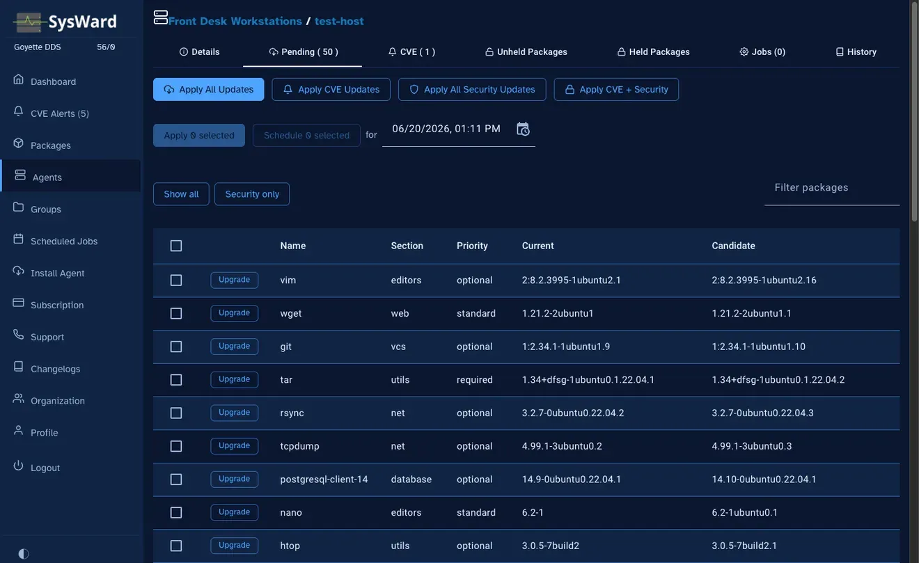 SysWard pending package updates for a host with current and candidate versions and apply controls