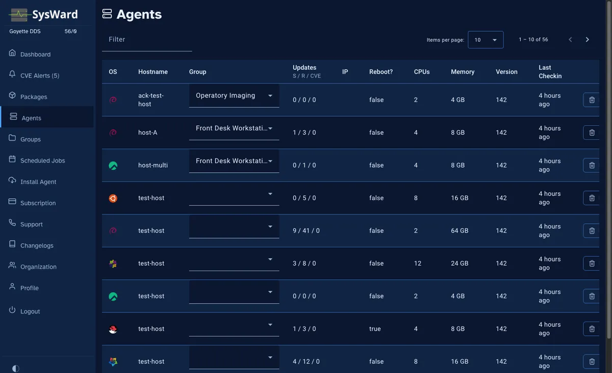 SysWard agents view listing a Linux server fleet with OS, pending updates, CPU and memory