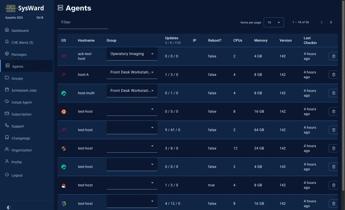 SysWard agents view listing a Linux server fleet with OS, pending updates, CPU and memory